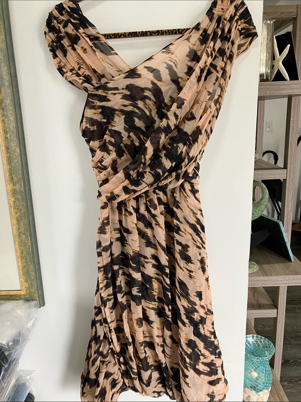 Tracy Reese 100% Silk Abstract Leopard Print Draped Cocktail Dress Size 6